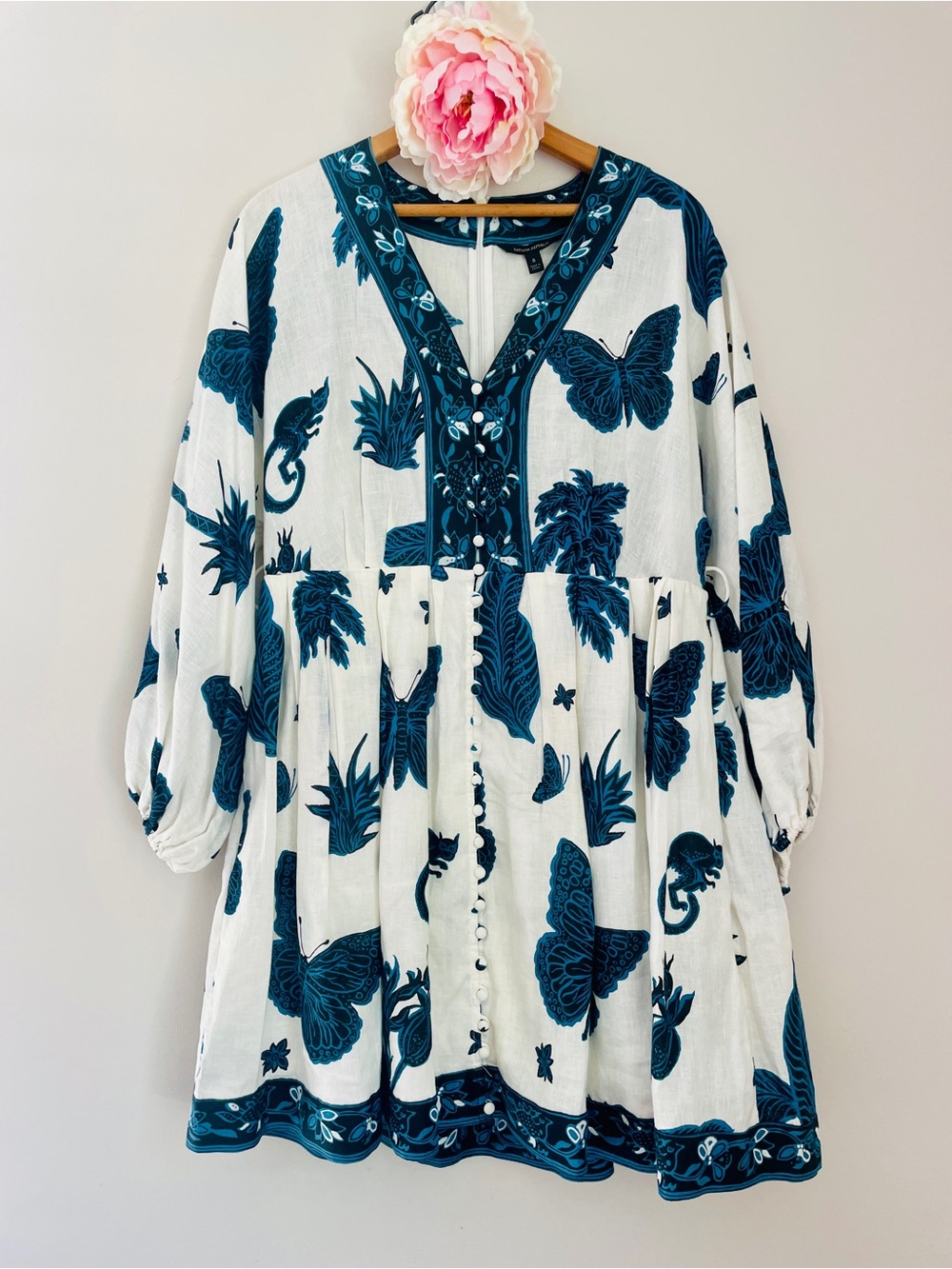 Banana Republic Blue Butterfly Print Linen Swing Mini Dress 8